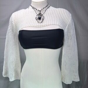 White Crochet Sheer Mesh Bolero Cropped Shrug Long Sleeve Top Womens S Festival
